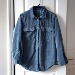 Blue ripped button-up long sleeve jacket with front pockets